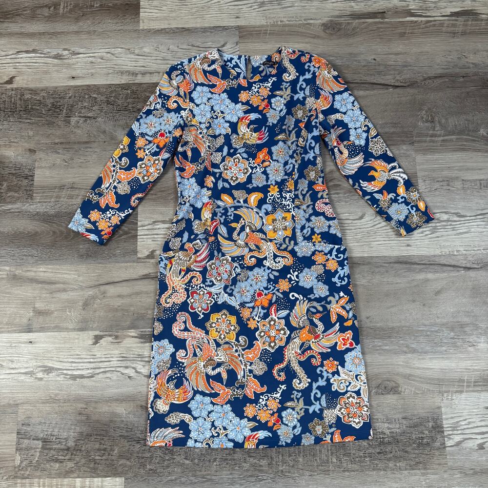 J. McLaughlin Catalina Cloth Shift Stretch Dress Blue Floral Bird Print XS
